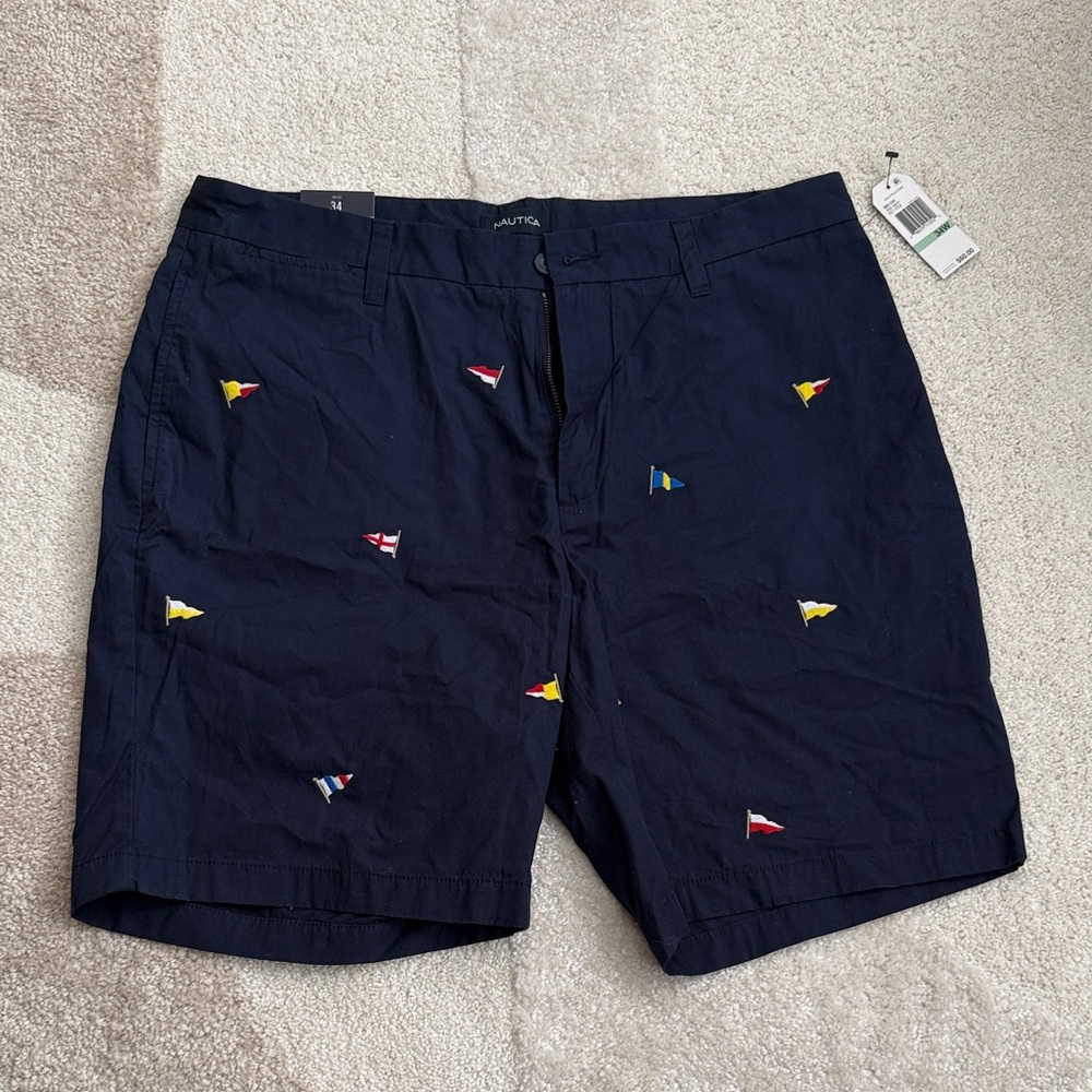 Nautica Navy Embroidered Nautical Flag Flat Front Shorts